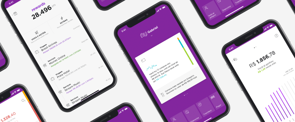 Telas do novo aplicativo Nubank em diferentes telefones