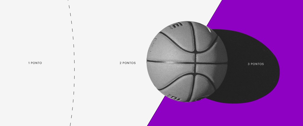 Programa de pontuação: uma bola de basquete sobre um fundo branco e roxo.