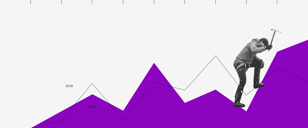 CDB: Colagem em preto, branco e roxo de um gráfico que é escalado por um alpinista, fazendo alusão a uma montanha.