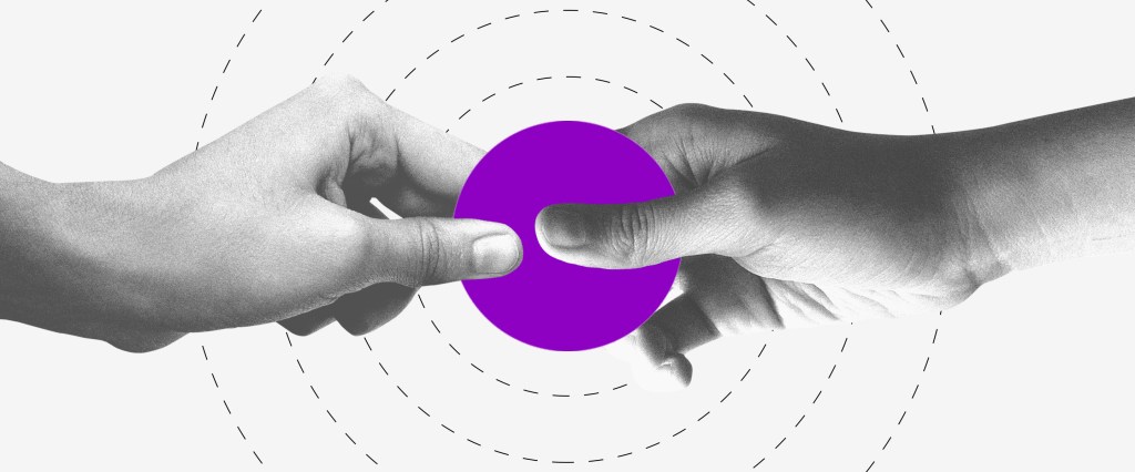 Contas digitais: duas mãos em preto e branco segurando um círculo roxo