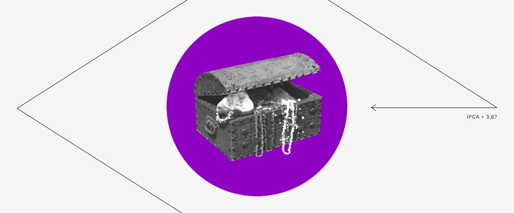 Tesouro Direto: Um Tesouro com joias e outros itens dentro de um círculo roxo e com um losango ao seu redor.