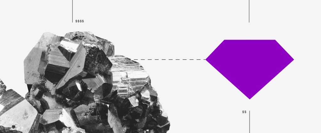 Conta digital: Imagem abstrata de uma pedra bruta e, ao lado, uma figura roxa em formato de diamante