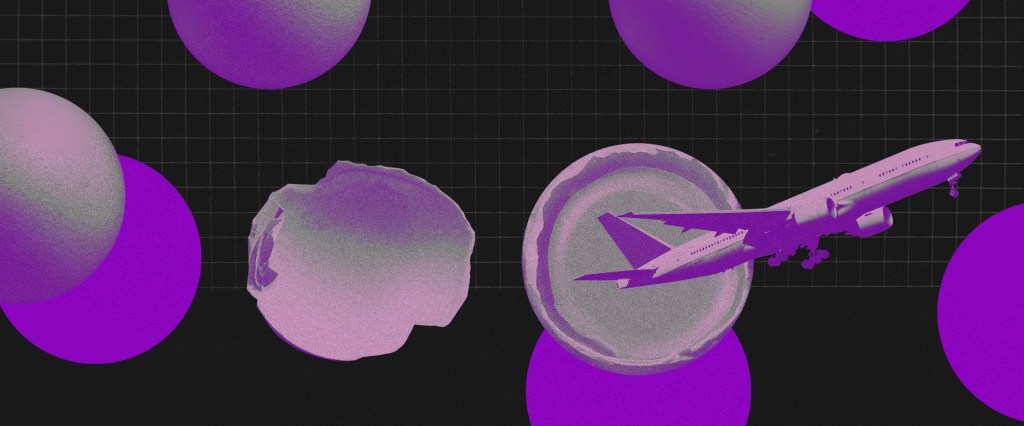 Programa de milhas: avião roxo voando em meio a círculos roxos em um fundo preto