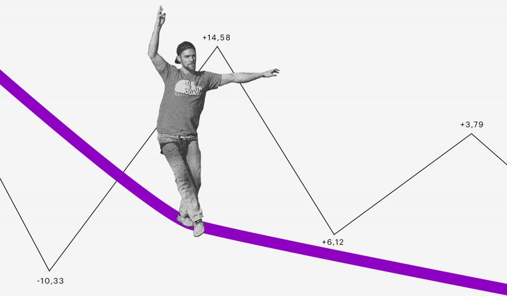 homem se equilibrando em uma corda bamba e uma linha de gráfico subindo e descendo