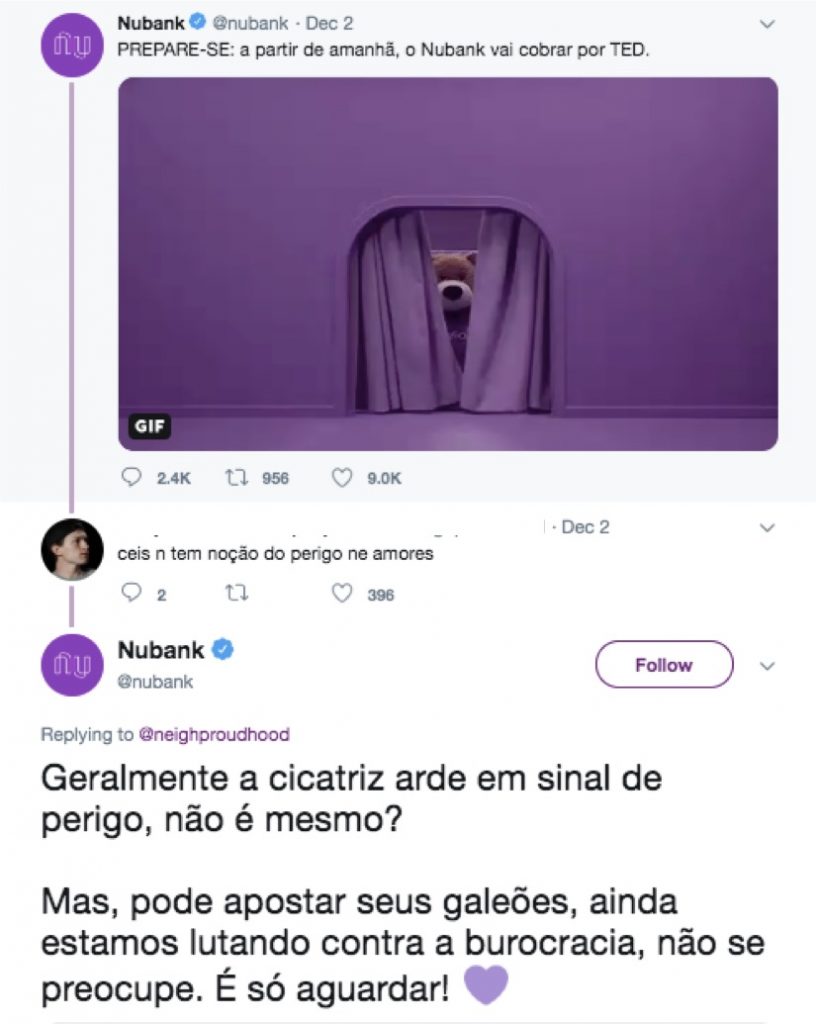 Interação do Nubank com cliente no Twitter. O cliente brinca que "não temos noção do perigo"e o perfil do Nubank responde com referÊncias ao universo Harry Potter