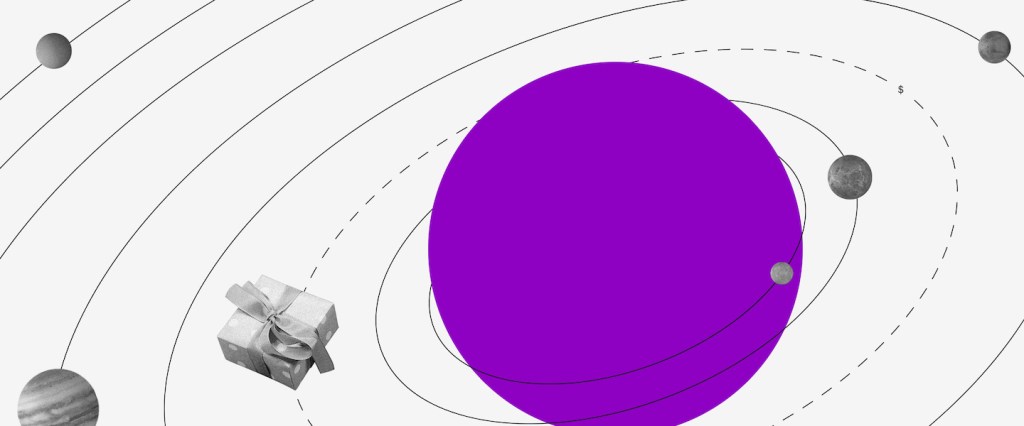 Consumo consciente: ilustração mostra sistema solar com Sol roxo e planetas de objetos ao redor