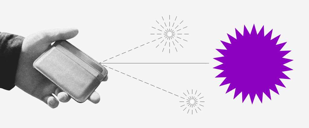 Empréstimo consignado: uma mão segurando uma carteira de onde saem duas setas pontilhadas, cada uma com um pequeno fogo de artifício no fim. Do meio sai uma seta com um fogo de artifício roxo