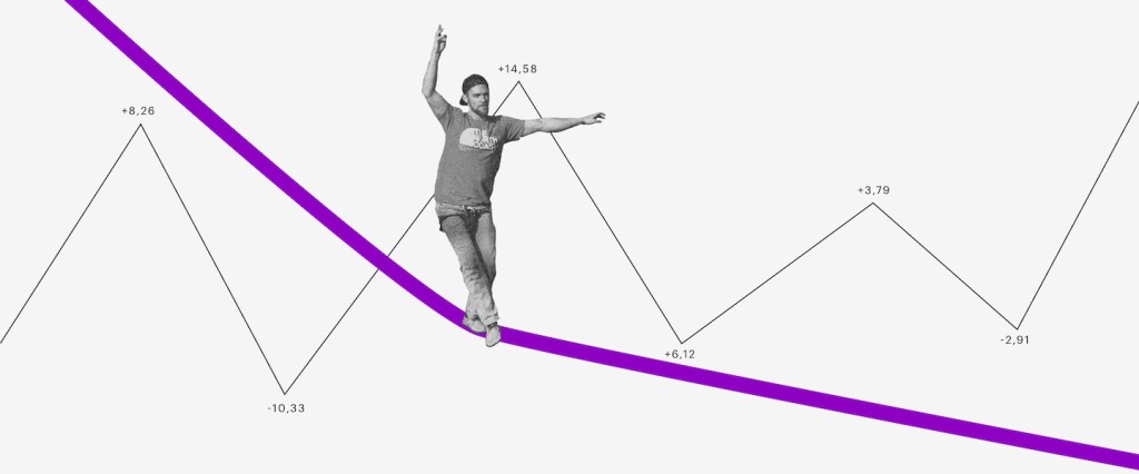 homem se equilibrando em uma corda bamba e uma linha de gráfico subindo e descendo