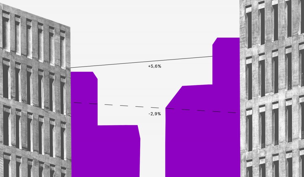 Ibovespa Futuro: prédios em preto e branco com sombra roxa, um em frente ao outro, e algumas linhas ligando-os.