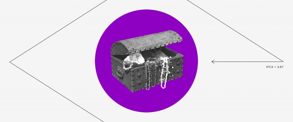 Tesouro Direto suspenso: Um Tesouro com joias e outros itens dentro de um círculo roxo e com um losango ao seu redor.