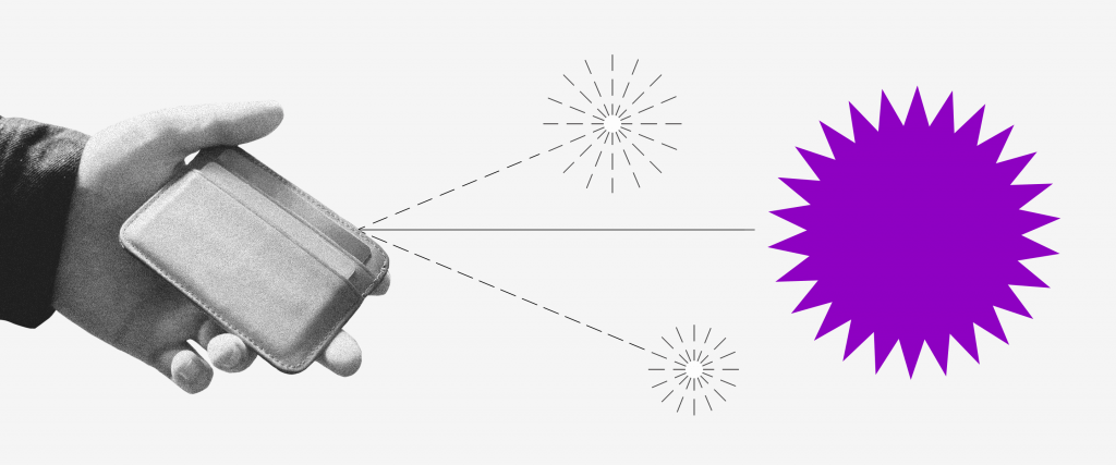 Auxílio emergencial: uma mão segurando uma carteira de onde saem duas setas pontilhadas, cada uma com um pequeno fogo de artifício no fim.