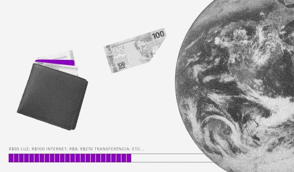 Como organizar o financeiro de uma empresa: no fundo branco, colagem de uma carteira e uma nota de 100 reais saindo dela em direção à imagem da Terra. Embaixo, uma barra de carregamento escrito 95 reais luz, 100 reais internet, 9 reais, 276 reais transferência, etc.