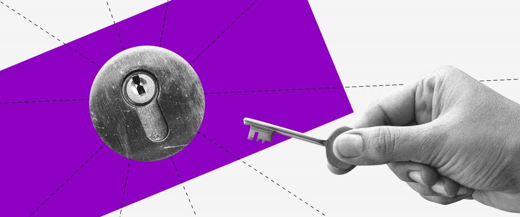 Novos lotes do auxílio emergencial: imagem de uma fechadura em frente a um retângulo roxo, com uma chave se aproximando