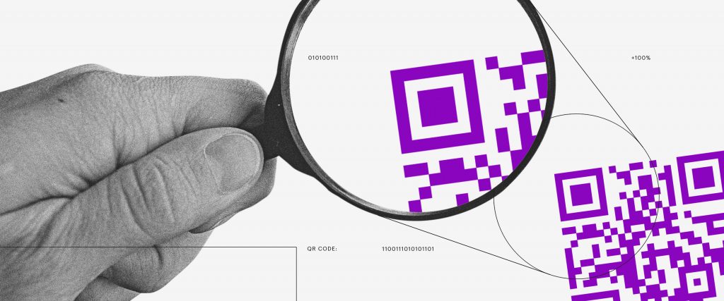 Pagamento por QR Code: ilustração mostra uma mão segurando uma lupa e olhando para um QR Code roxo aumentado