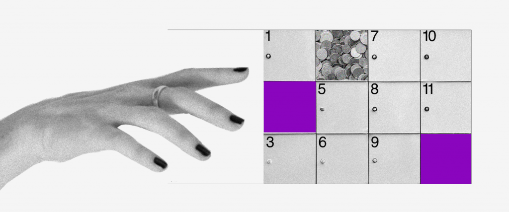 Saque do auxílio emergencial: imagem de um calendário com alguns quadrados cinzas e outros roxos. Um deles está preenchido de moedas. Uma mão se aproxima para pegar as moedas.