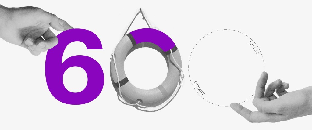 ilustração do número 600 composto por diferentes elementos, incluindo uma boia substituindo o zero do meio e um círculo com a palavra Auxílio o zero da direita. Duas mãos tocam os números nas extremidades.