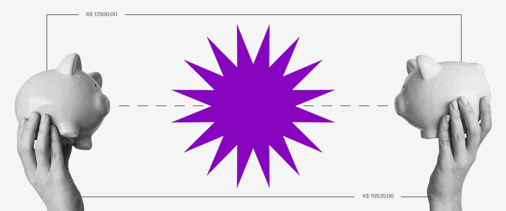 Pix: ilustração de duas mãos segurando um cofrinho de porquinho cada, uma na direita da imagem e outra na esquerda. No centro, uma forma geométrica roxa circular com pontas.