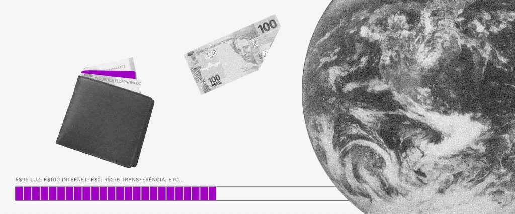 Pix conta de luz: no fundo branco, colagem de uma carteira e uma nota de 100 reais saindo dela em direção à imagem da Terra. Embaixo, uma barra de carregamento escrito 95 reais luz, 100 reais internet, 9 reais, 276 reais transferência, etc.