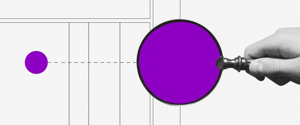 Meu INSS online: imagem mostra mão segurando uma lupa roxa sobre uma bolinha roxa