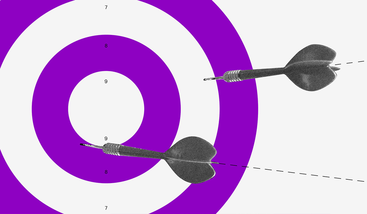 Modelo de orçamento: Ilustração de um alvo com círculos roxos e brancos e dardos acertando alguns pontos