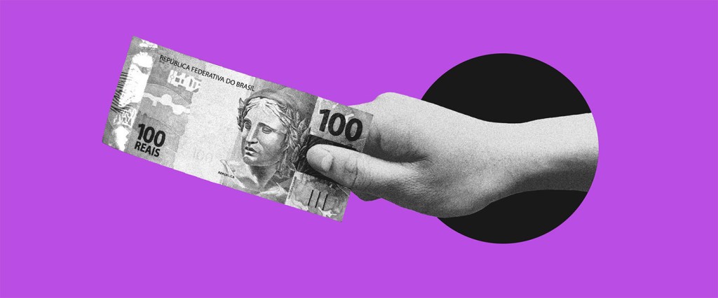 O que é um informe de rendimentos: uma mão saindo de um círculo roxo segurando uma nota de cem reais.