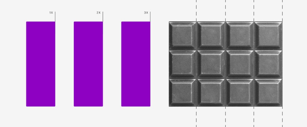 Parcelamento simples nacional: imagem mostra três retângulos roxos. Depois, uma barra de chocolate com linhas cortando as fileiras.