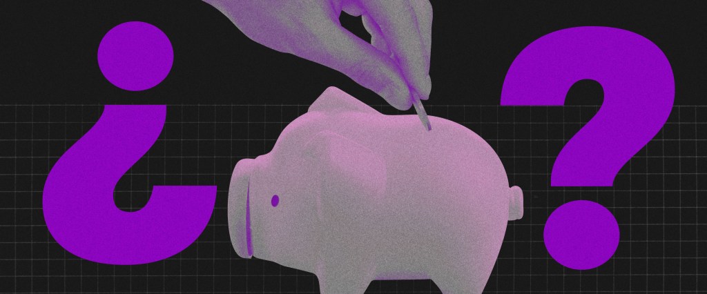 ilustração com fundo preto mostra um cofre de porquinho roxo e uma mão colocando uma moeda dentro