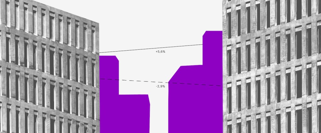 CDI 2021: prédios em preto e branco com sombra roxa, um em frente ao outro, e algumas linhas ligando-os.