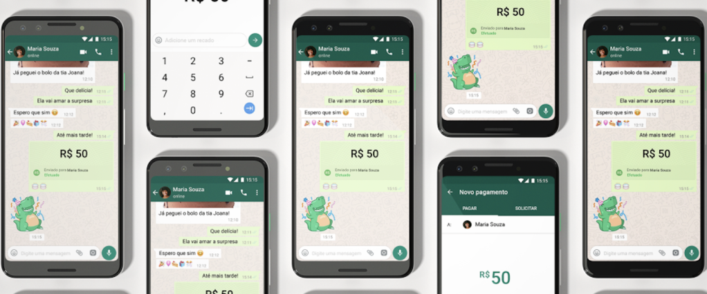 WhatsApp Pay Pagamentos: ilustração digital de diversos celular, um ao lado do outro, com o WhatsApp aberto