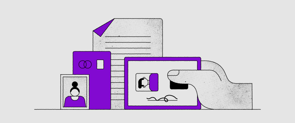 ilustração de documentos pessoais, cartão Nubank e uma carta, em tons de roxo