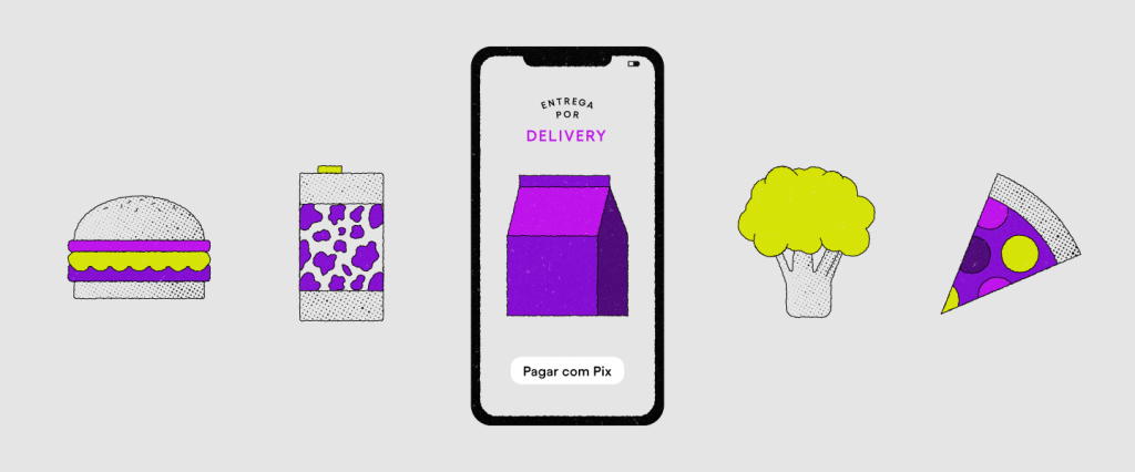 Como pagar o delivery com Pix? Da esquerda para direita: ilustração de um hambúrguer, lata de refrigerante, tela do celular escrito 