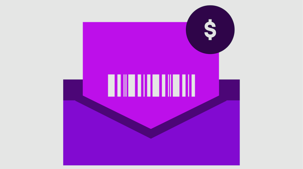 ilustração de um envelope roxo, com uma folha em outro tom de roxo, com código de barra saindo de dentro e um círculo preto ao canto superior direito com o cifrão.