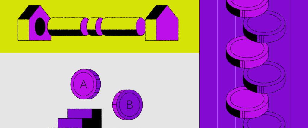 Limite Pix 1 mil Nubank: ilustração digital de diferentes elementos que remetem a dinheiro e sistema financeiro. Duas escadinhas roxas com moedas no topo no fundo branco. Duas casas com um cilindro no meio delas. Diversas moedas rosas e roxas na lateral.