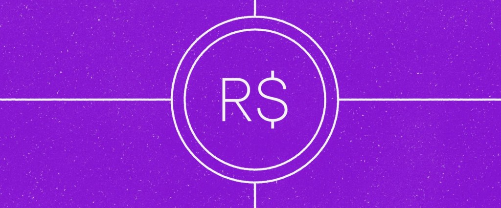 Auxílio Brasil em novembro: veja as datas de pagamento. Fundo roxo com ilustração de um R$ dentro de um círculo e conectado por 4 linhas em branco.