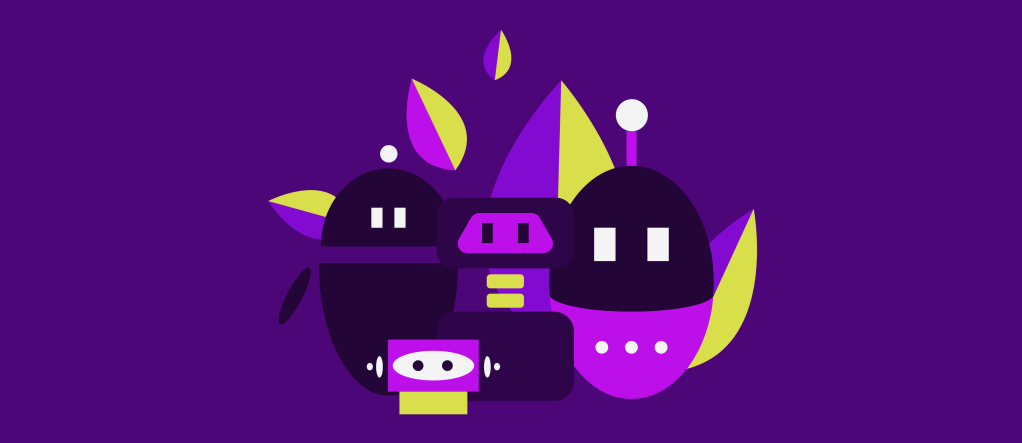 Na imagem aparece uma ilustração ao centro, com fundo roxo. No desenho, uma representação de robôs e elementos da natureza em tons de roxo e amarelo.