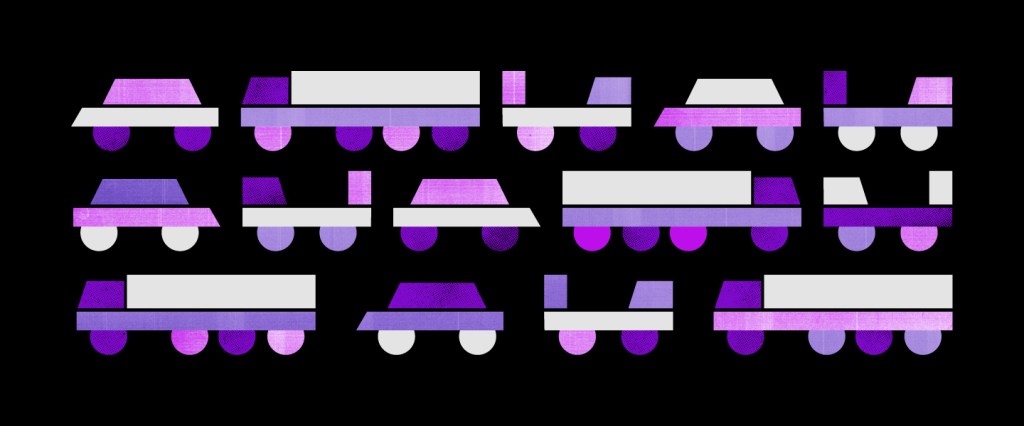 carros e caminhões em tons de roxo em um fundo preto