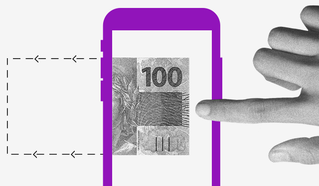 imagem mostra uma tela de celular com uma nota de cem reais