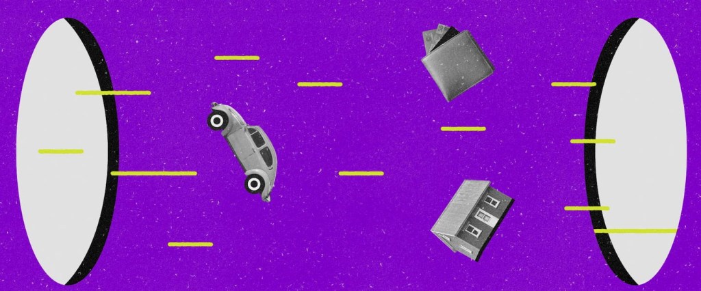 Como declarar conta conjunta e bens compartilhados no Imposto de Renda? Ilustração em fundo roxo de um carro, uma casa e uma carteira em meio a dois círculos, trazendo o sentido de bens compartilhados, que vão e vem.