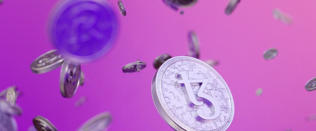 imagem mostra criptomoedas voando em um fundo roxo