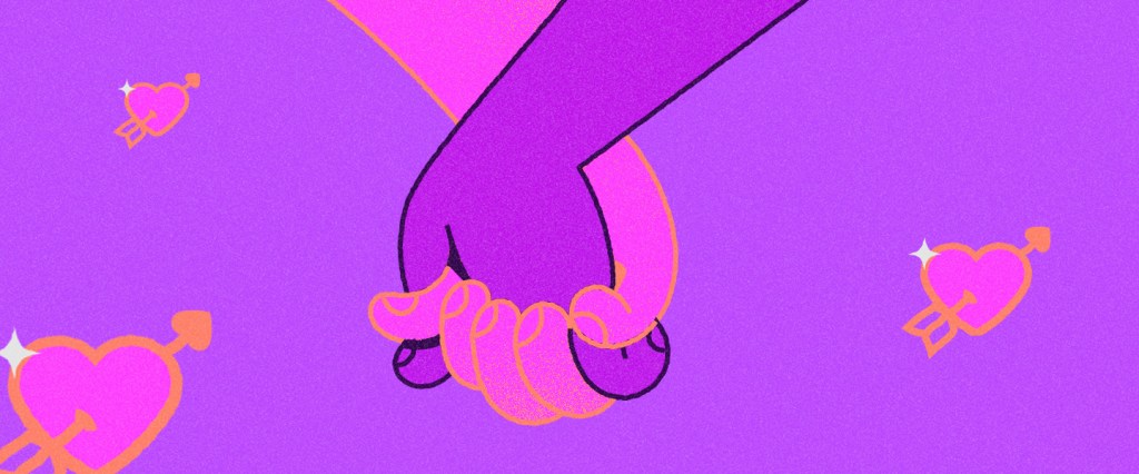 5 dicas para economizar e fazer bonito no Dia dos Namorados. Ilustração em roxo e rosa de duas mãos dadas com corações ao fundo.