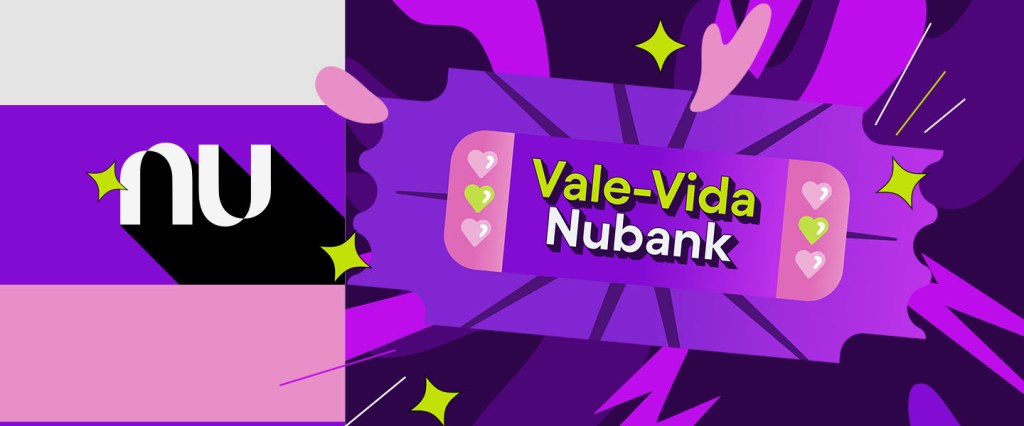 ilustração em tons de roxo, com o bilhete do Vale-Vida no meio.