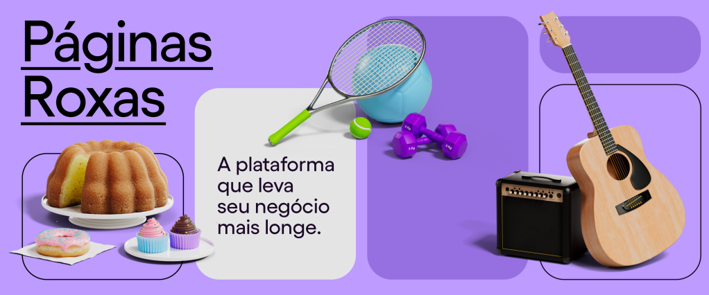 Arte com diferentes elementos que remetem ao empreendedorismo. No canto inferior esquerdo há um bolo e outros doces, no centro uma raquete e acessórios de ginástica e no canto inferior direito há um violão e uma caixa de som. As figuras estão sobre um fundo roxo, onde também é possível ler 